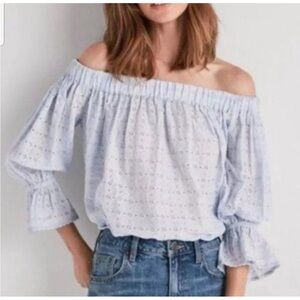 Lucky Brand Off-Shoulder Blue Eyelet Blouse Sz Large